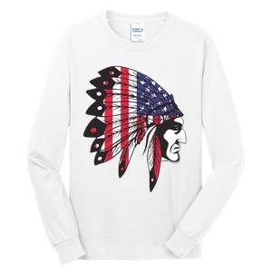 Native American Indian Chief American USA Flag 4th Of July Tall Long Sleeve T-Shirt