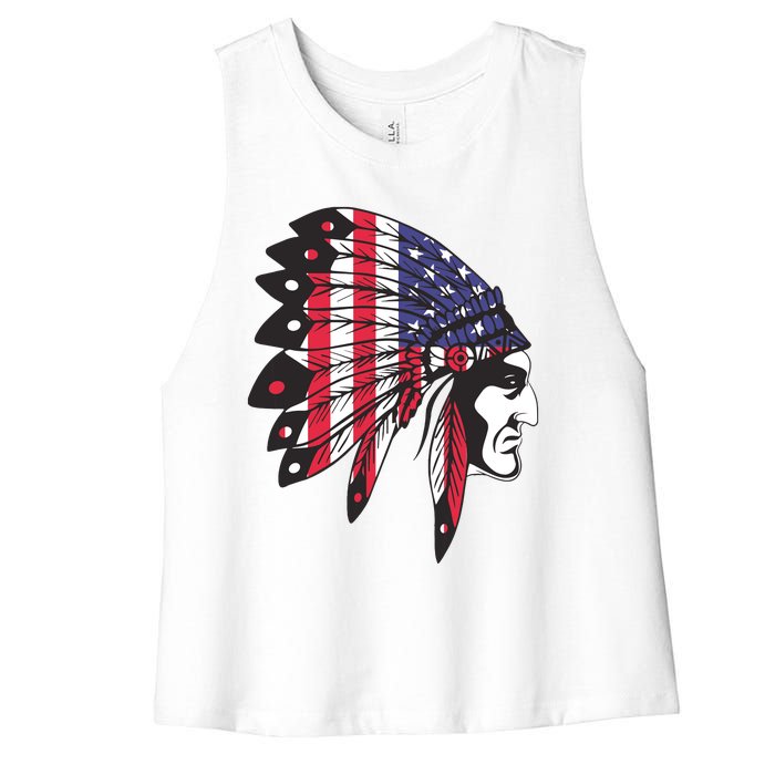 Native American Indian Chief American USA Flag 4th Of July Women's Racerback Cropped Tank