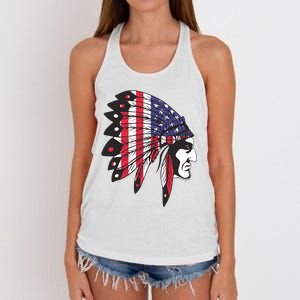 Native American Indian Chief American USA Flag 4th Of July Women's Knotted Racerback Tank