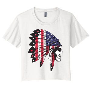 Native American Indian Chief American USA Flag 4th Of July Women's Crop Top Tee