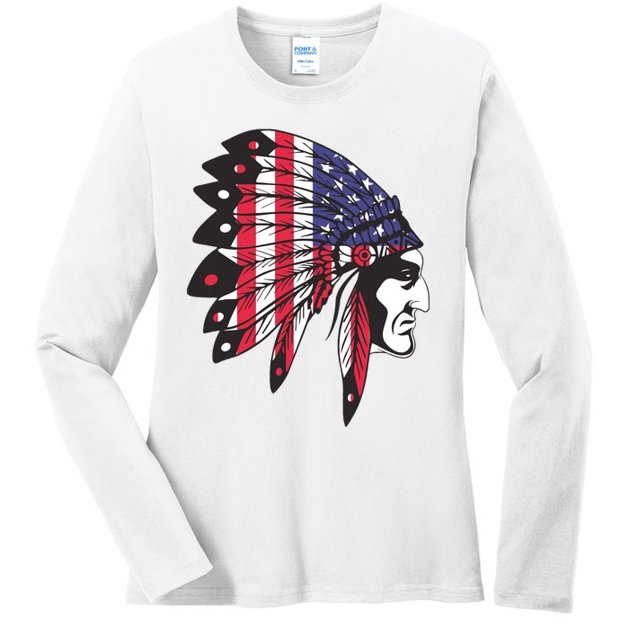 Native American Indian Chief American USA Flag 4th Of July Ladies Long Sleeve Shirt