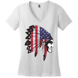 Native American Indian Chief American USA Flag 4th Of July Women's V-Neck T-Shirt