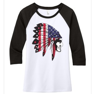 Native American Indian Chief American USA Flag 4th Of July Women's Tri-Blend 3/4-Sleeve Raglan Shirt