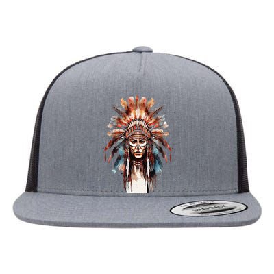 Native American Indian Headpiece feathers Flat Bill Trucker Hat