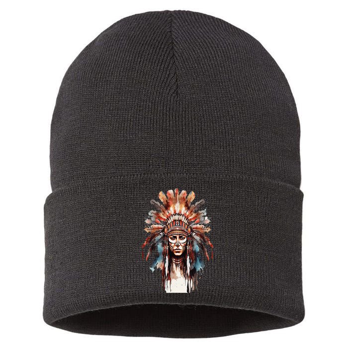 Native American Indian Headpiece feathers Sustainable Knit Beanie