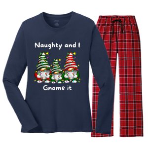 Naughty And I Gnome It Christmas Family Matching Pjs Gnome Women's Long Sleeve Flannel Pajama Set 