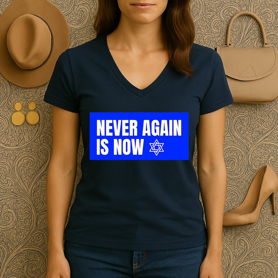 Never Again Is Now Jewish Israel Pride Am Yisrael Chai Women's V-Neck T-Shirt
