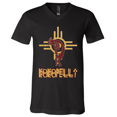 Native American Kokopelli Flute Player Sun Symbol V-Neck T-Shirt