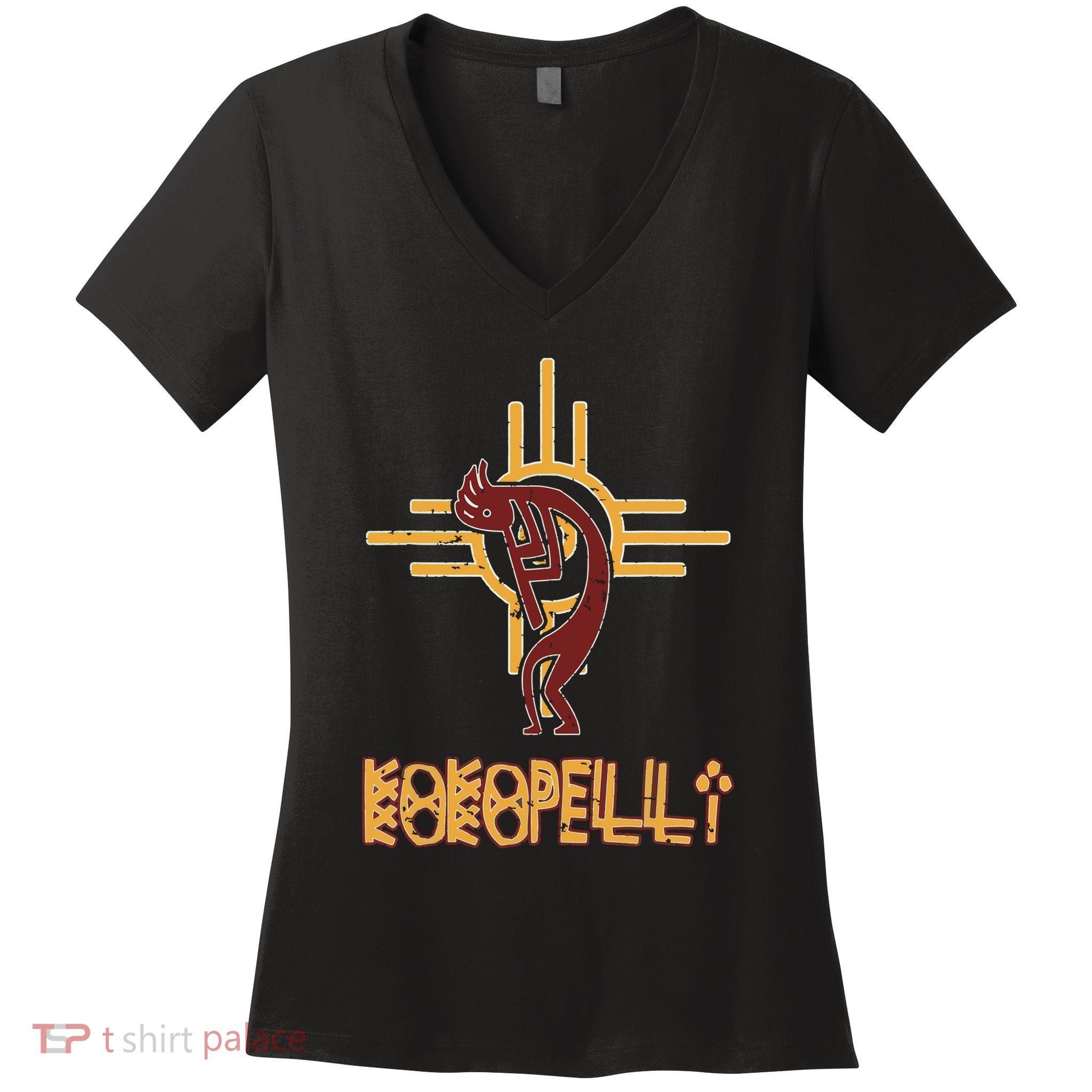 Native American Kokopelli Flute Player Sun Symbol Women's V-Neck T-Shirt