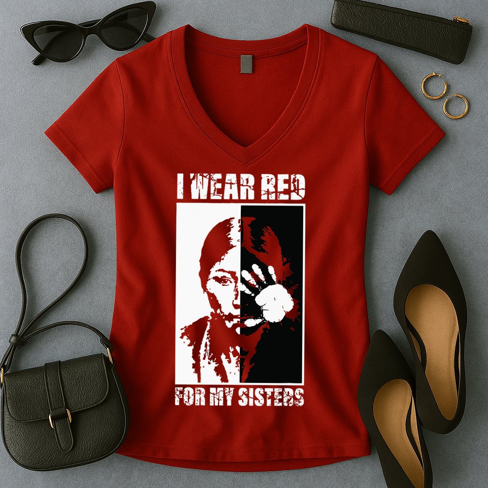 Native America MMIW Awareness I Wear Red For My Sisters Women's V-Neck T-Shirt