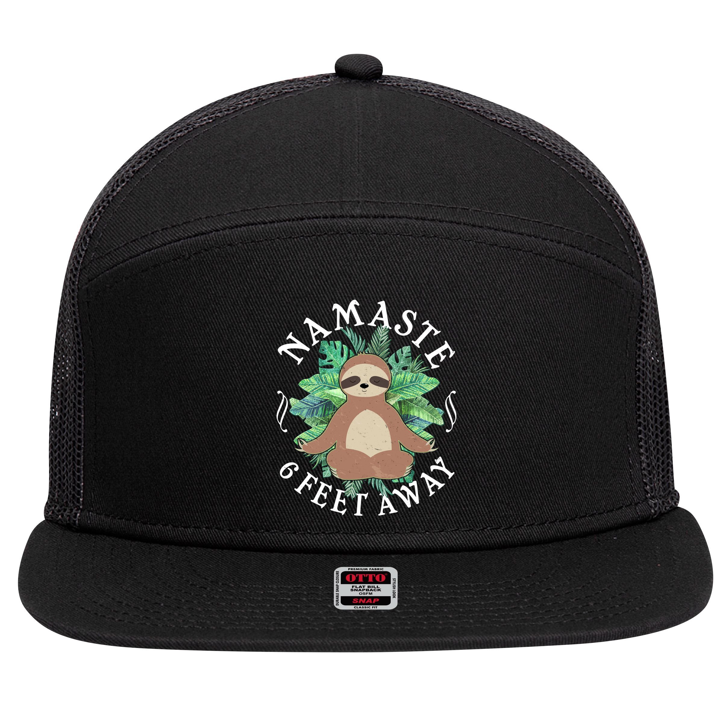 Namaste 6 Feet Away Meditating Sloth 7 Panel Mesh Trucker Snapback Hat