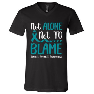 Not Alone Not To Blame Sexual Assault Awareness Teal Ribbon V-Neck T-Shirt