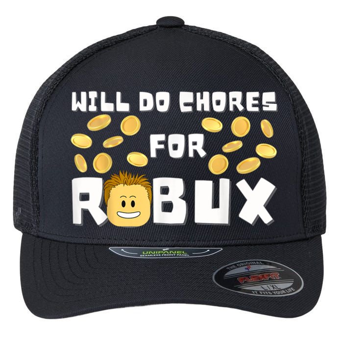 Noob And Professional Gamer Will Do Chores For Robux Flexfit Unipanel Trucker Cap