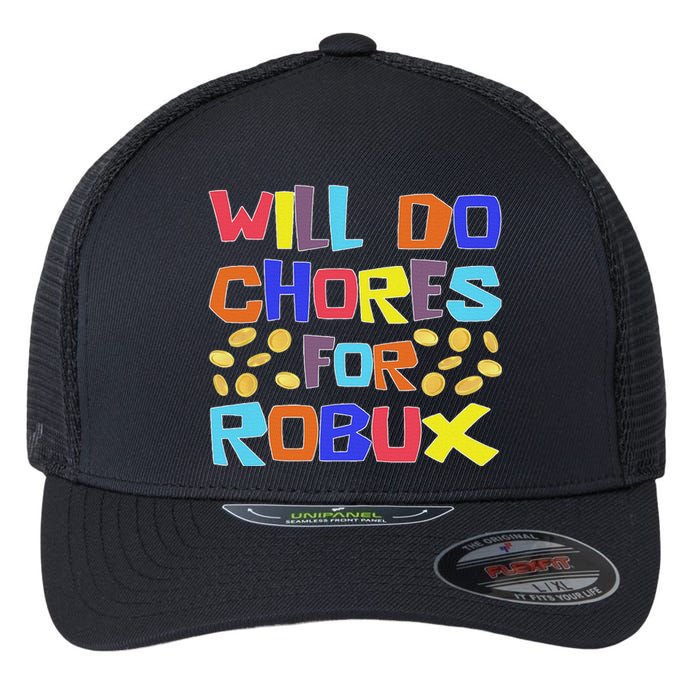 Noob And Professional Gamer Will Do Chores For Robux Flexfit Unipanel Trucker Cap