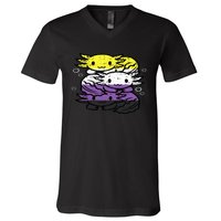 Nonbinary Axolotl Pile Non Binary Enby Lgbtq V-Neck T-Shirt