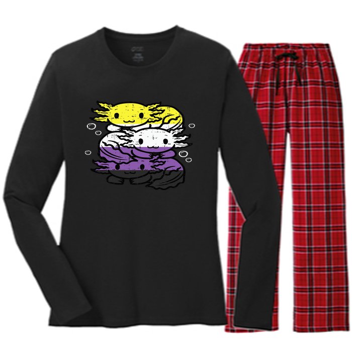 Nonbinary Axolotl Pile Non Binary Enby Lgbtq Women's Long Sleeve Flannel Pajama Set 