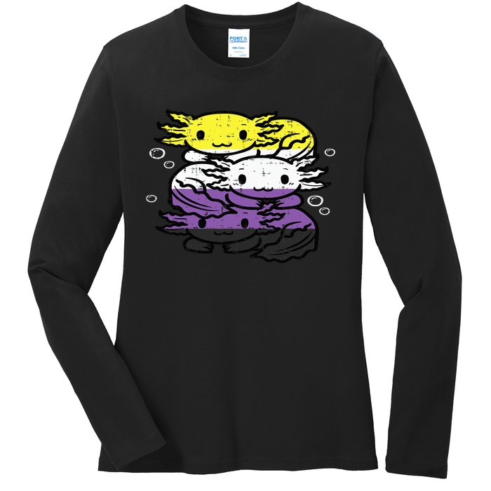 Nonbinary Axolotl Pile Non Binary Enby Lgbtq Ladies Long Sleeve Shirt