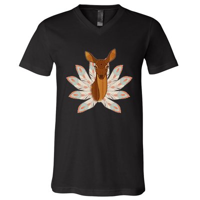 Native American Pattern Totem Deer V-Neck T-Shirt
