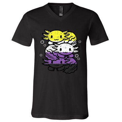 Nonbinary Axolotl Pile Non Binary Enby Lgbtq V-Neck T-Shirt