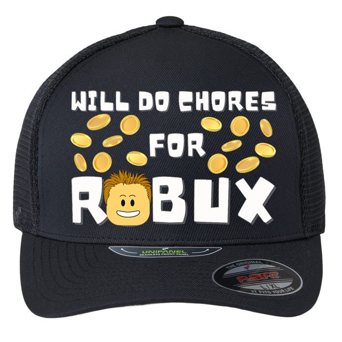 Noob And Professional Gamer Will Do Chores For Robux Flexfit Unipanel Trucker Cap