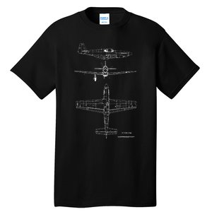 North American P51 Mustang Ww2 Fighter Blueprint Tall T-Shirt