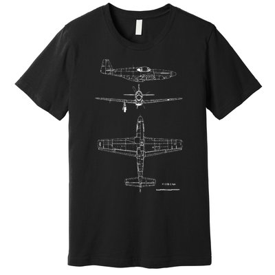 North American P51 Mustang Ww2 Fighter Blueprint Premium T-Shirt