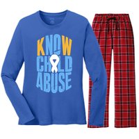 No Abuse Prevention Awareness Month April Blue Ribbon Gift Women's Long Sleeve Flannel Pajama Set 