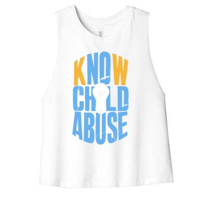 No Abuse Prevention Awareness Month April Blue Ribbon Gift Women's Racerback Cropped Tank