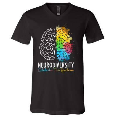 Neurodiversity Autism Spectrum ASD ADHD Rainbow Brain V-Neck T-Shirt