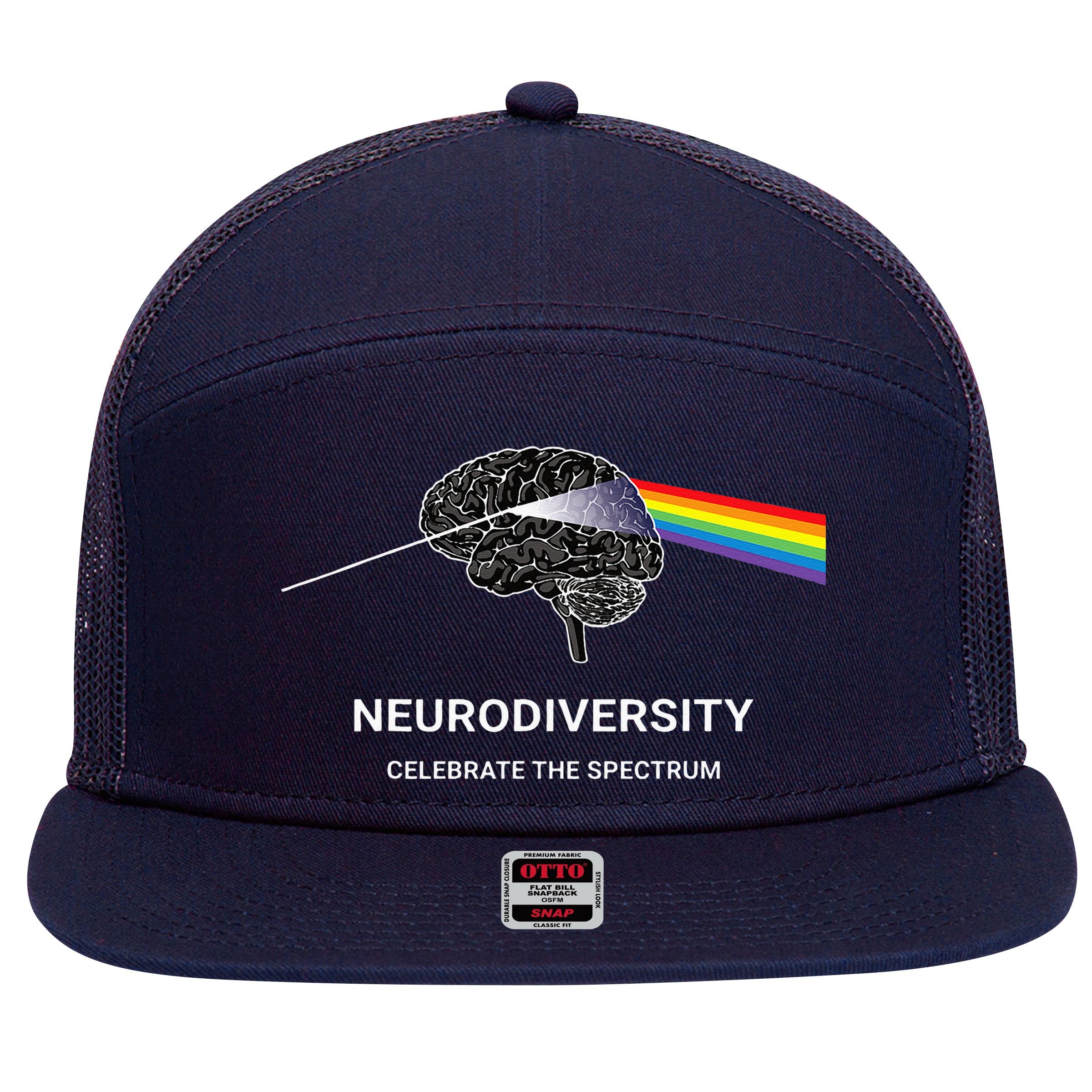 Neurodiversity Autism Spectrum ASD ADHD Rainbow Brain 7 Panel Mesh Trucker Snapback Hat