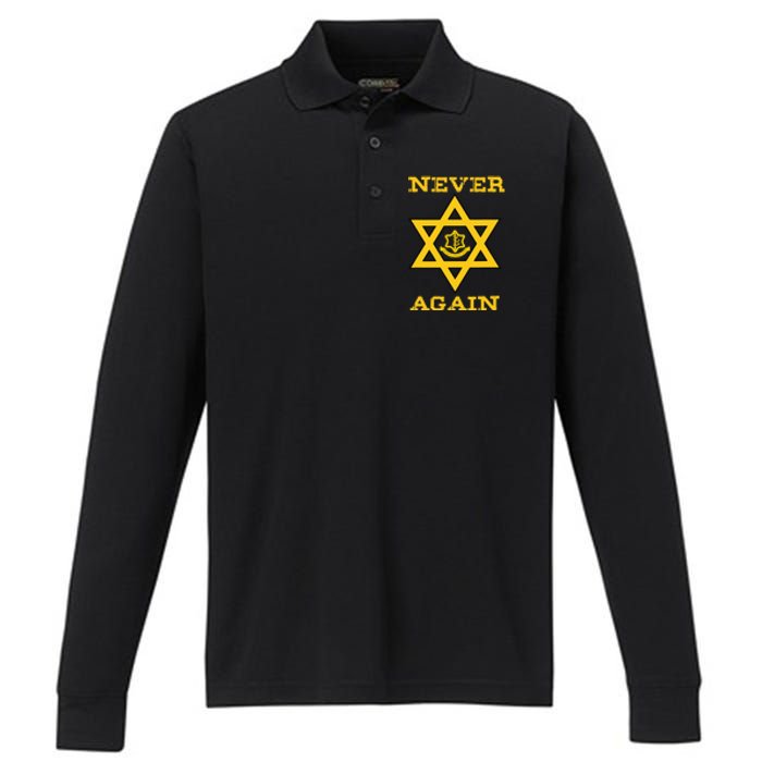 Never Again Support Israel Jewish Star Of David Idf Logo Performance Long Sleeve Polo