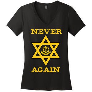 Never Again Support Israel Jewish Star Of David Idf Logo Women's V-Neck T-Shirt