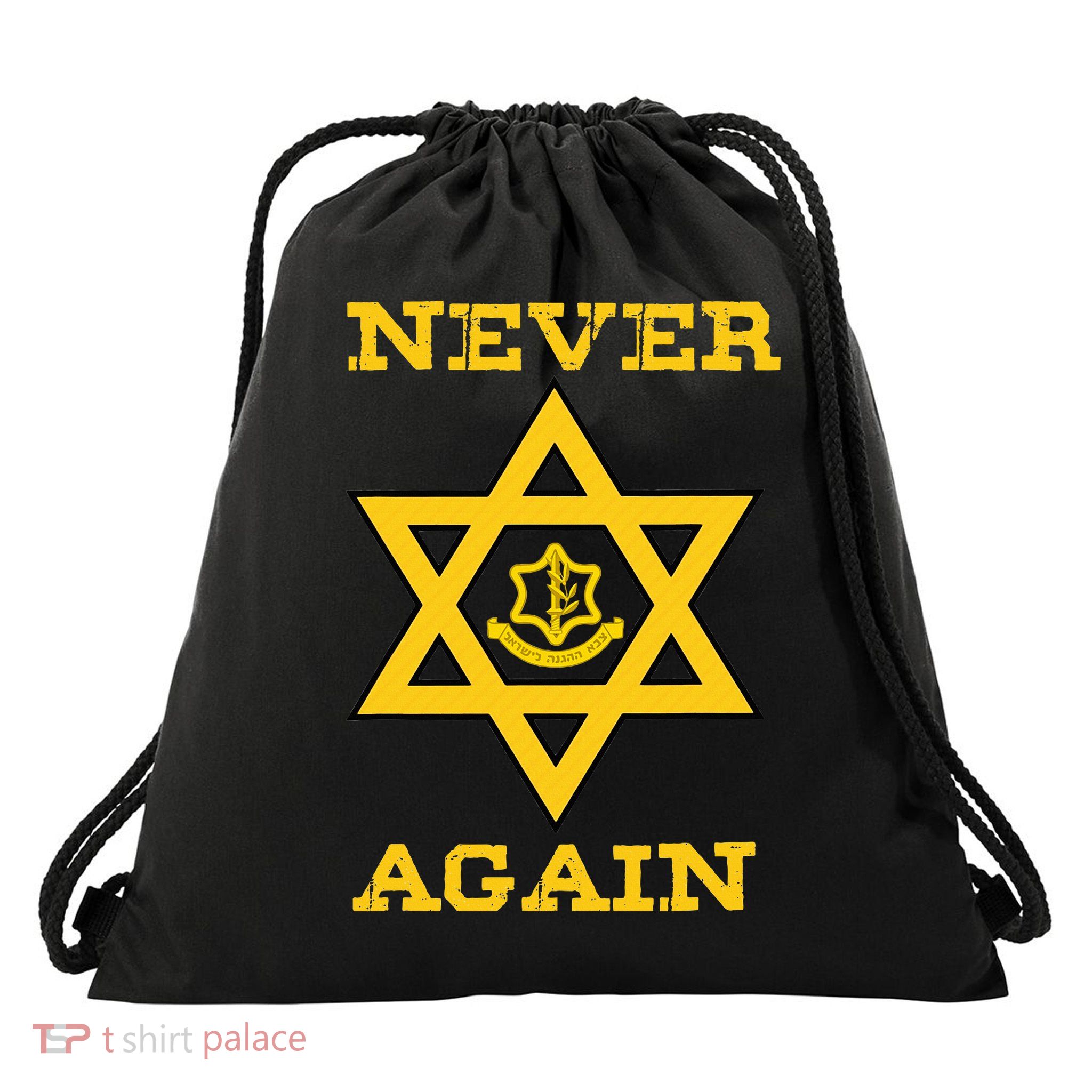 Never Again Support Israel Jewish Star Of David Idf Logo Drawstring Bag