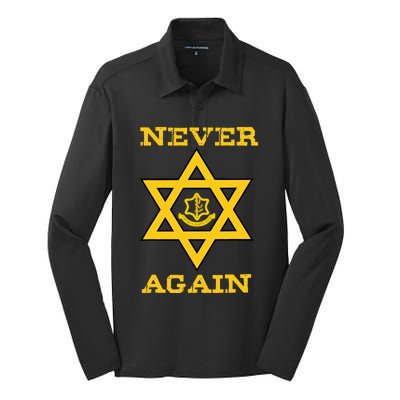 Never Again Support Israel Jewish Star Of David Idf Logo Silk Touch Performance Long Sleeve Polo