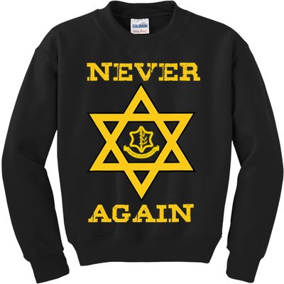 Never Again Support Israel Jewish Star Of David Idf Logo Kids Sweatshirt