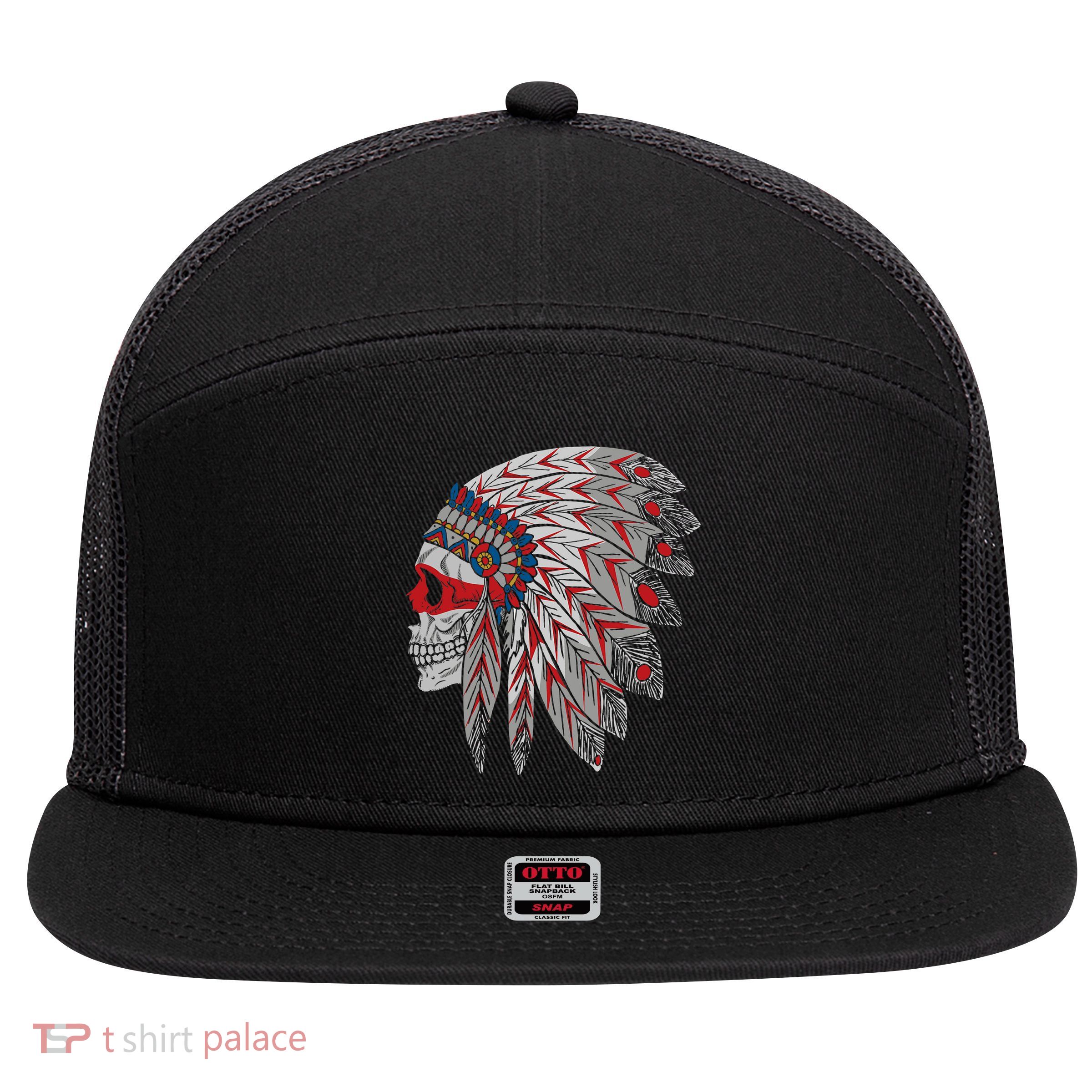 Native American Skull Feathers 7 Panel Mesh Trucker Snapback Hat