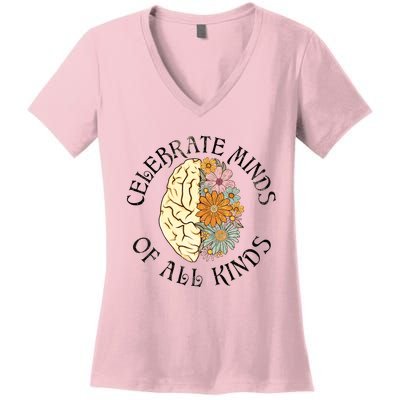 Neurodiversity Autism Spectrum ASD ADHD Rainbow Brain Women's V-Neck T-Shirt