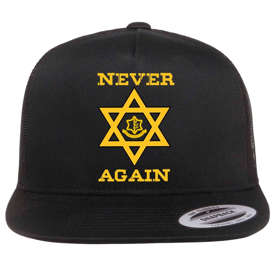 Never Again Support Israel Jewish Star Of David Idf Logo Flat Bill Trucker Hat