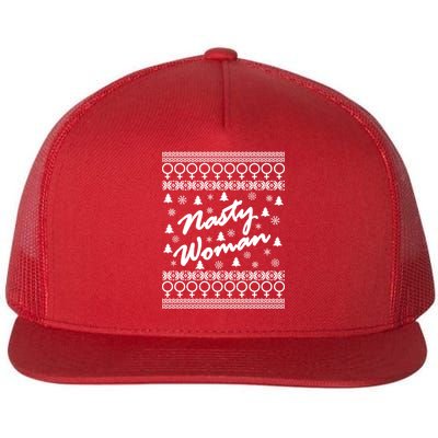 Nasty Woman Ugly Christmas Sweater Design Hillary Clinton Flat Bill Trucker Hat