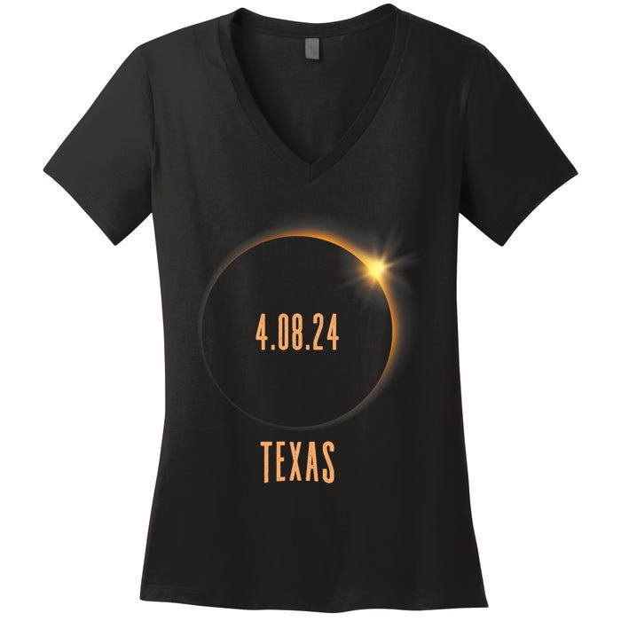 North America Total Solar Eclipse 2024 Texas USA Women's V-Neck T-Shirt