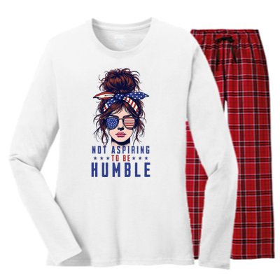 Not Aspiring To Be Humble Messy Bun American Flag Women's Long Sleeve Flannel Pajama Set 