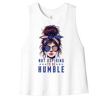 Not Aspiring To Be Humble Messy Bun American Flag Women's Racerback Cropped Tank