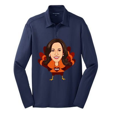 Not A Turkey Funny Thanksgiving Kamala Harris Disguise Meme Silk Touch Performance Long Sleeve Polo