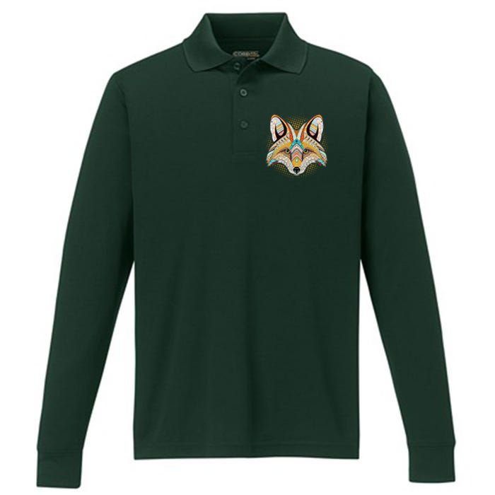 Native American Tribal Fox Face Performance Long Sleeve Polo