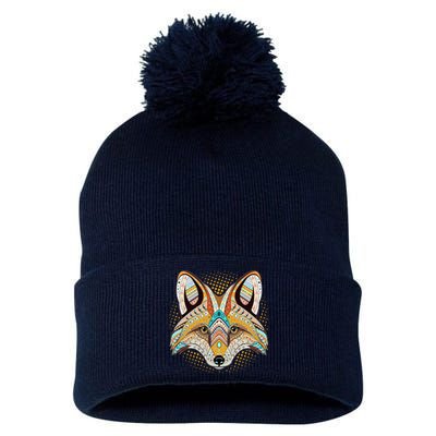 Native American Tribal Fox Face Pom Pom 12in Knit Beanie