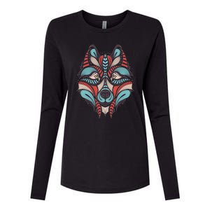 Native American Tribal Wolf Face Womens Cotton Relaxed Long Sleeve T-Shirt