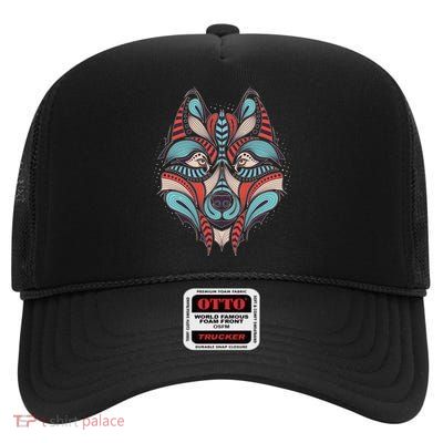 Native American Tribal Wolf Face High Crown Mesh Back Trucker Hat