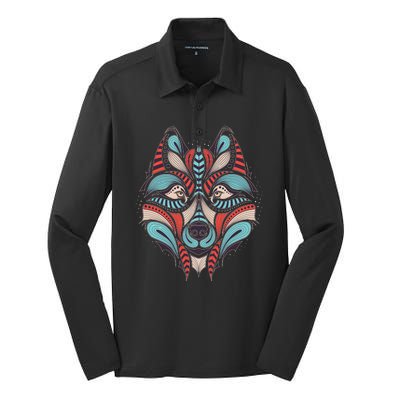 Native American Tribal Wolf Face Silk Touch Performance Long Sleeve Polo