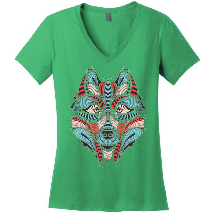 Native American Tribal Wolf Face Women's V-Neck T-Shirt