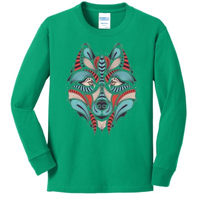 Native American Tribal Wolf Face Kids Long Sleeve Shirt